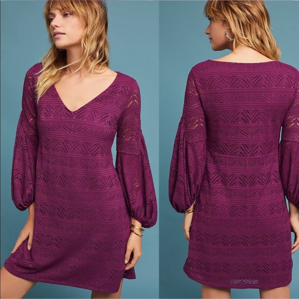 Anthropologie Maeve purple lace long sleeve shift dress size XS